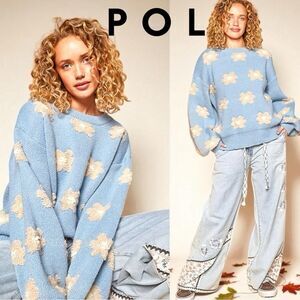 POL Blue Daisy Floral Drop Shoulder Sweater Size Medium NEW